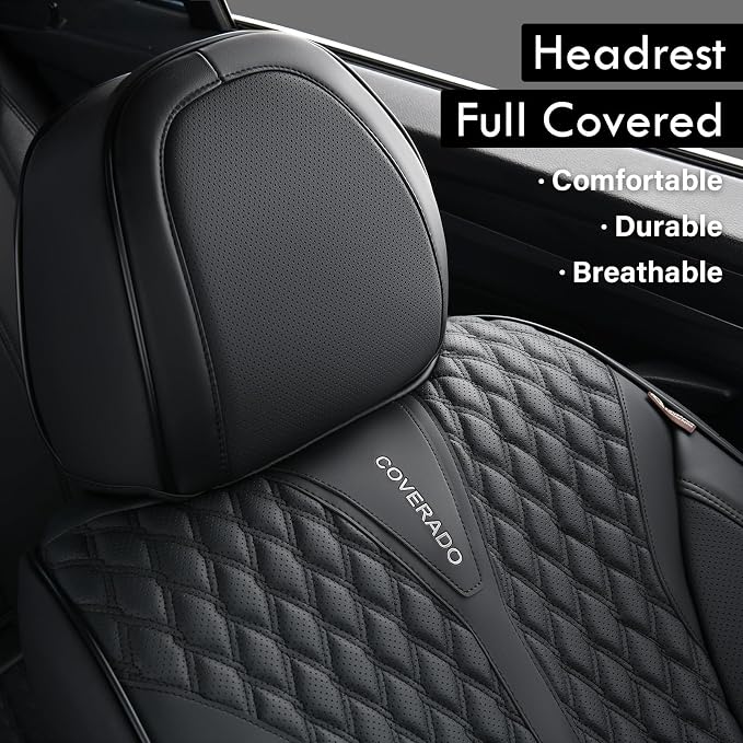 Coverado Car Seat Covers Full Set, 5 Seats Luxury Nappa Leather Seat Covers for Cars, Car Seat Cover Waterproof, Front and Back Car Seat Protector, Black Car Seat Covers Universal Fit for Most Cars