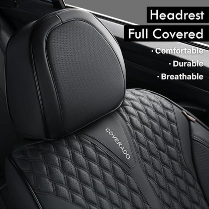 Coverado Car Seat Covers Full Set, 5 Seats Luxury Nappa Leather Seat Covers for Cars, Car Seat Cover Waterproof, Front and Back Car Seat Protector, Black Car Seat Covers Universal Fit for Most Cars