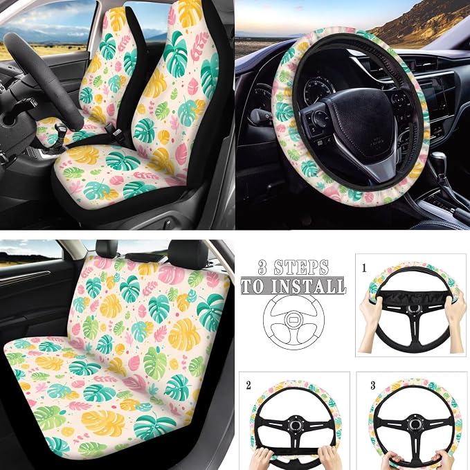 Color Monstera 10 Pack Car Seat Covers, Hawaii Tropical Plants Front Rear Seat Covers Steering Wheel Protector 2 Seatbelt Pad Coasters, Summer Vacation Auto Accessories