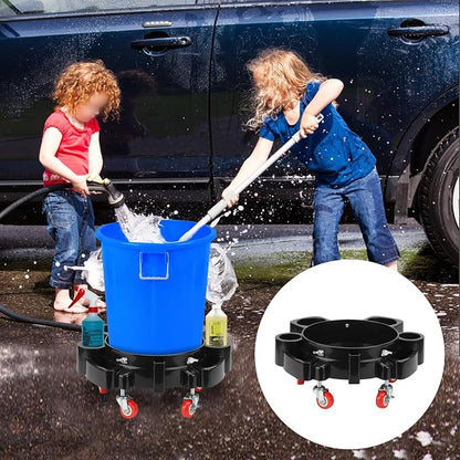 5 Gallon Removable Rolling Bucket Dolly with 5 Swivel Wheel Casters, Car Wash Bucket Roller Car Wash Detailing Bucket Dolly Round Plastic Dollies for Car Wash System Garage Flowerpot, Black