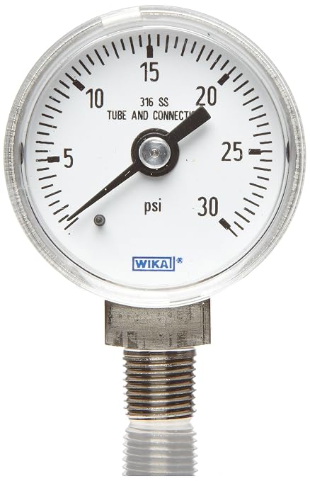 WIKA 9768718 Industrial Pressure Gauge, Dry/Liquid-Fillable, Stainless Steel 316L Wetted Parts, 2-1/2" Dial, 0-60 psi Range, +/- 2/1/2% Accuracy, 1/4" Male NPT Connection, Bottom Mount