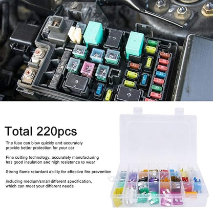 220Pcs Assorted Automotive Kit with Insulation Safety Box for Car Circuit Protection ABS Material Various Sizes Including Medium and Small