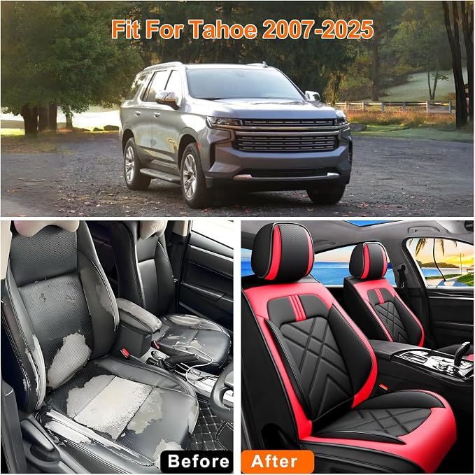 Tahoe Car Seat Covers Fit for Chevrolet/Chevy Tahoe 2011-2026, Full Coverage Leather Waterproof Breathable Seat Covers, Automotive Seat Protectors, Airbag Compatible, (Full Set Seats Red Black)