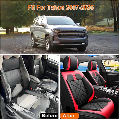 Tahoe Car Seat Covers Fit for Chevrolet/Chevy Tahoe 2011-2026, Full Coverage Leather Waterproof Breathable Seat Covers, Automotive Seat Protectors, Airbag Compatible, (Full Set Seats Red Black)