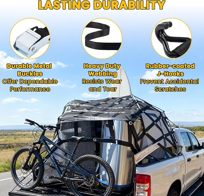 Cargo Net for Pickup Truck Bed - 4.8' x 6' Heavy Duty Truck Bed Net, 1,500 lbs Load Capacity, Tight Mesh Safety Net with Cam Buckles & S-Hooks & Tie Down Straps for Ford Chevy GMC RAM Toyota