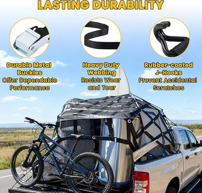Cargo Net for Pickup Truck Bed - 4.8' x 6' Heavy Duty Truck Bed Net, 1,500 lbs Load Capacity, Tight Mesh Safety Net with Cam Buckles & S-Hooks & Tie Down Straps for Ford Chevy GMC RAM Toyota