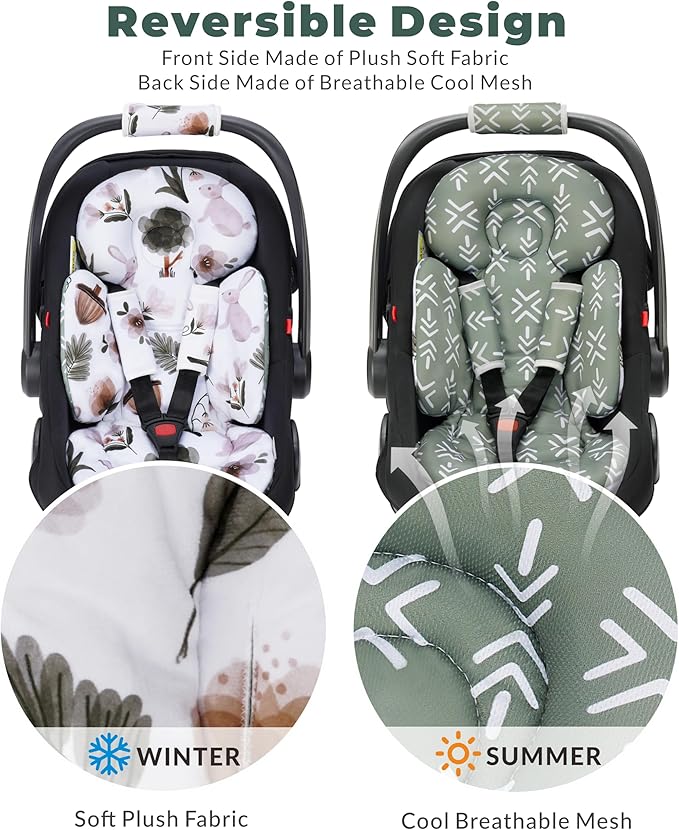 TinlyFinly Newborn Carseat Insert, Baby Head and Body Support, Reversible Infant Insert Compatible with Infant Car Seat, Stroller, Mamaroo Swing, Rocker, Bouncer. Baby Car Seat Cushion - Rabbit