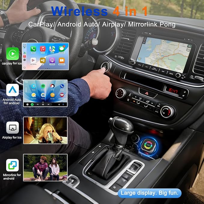 2026 4-in-1 CarPlay Adapter Wireless CarPlay + AirPlay + Android Auto + MirrorLink | Plug-&-Play for iPhone 10+ & Android 11+ | USB-A & Type-C Dual Ports (Colorful)