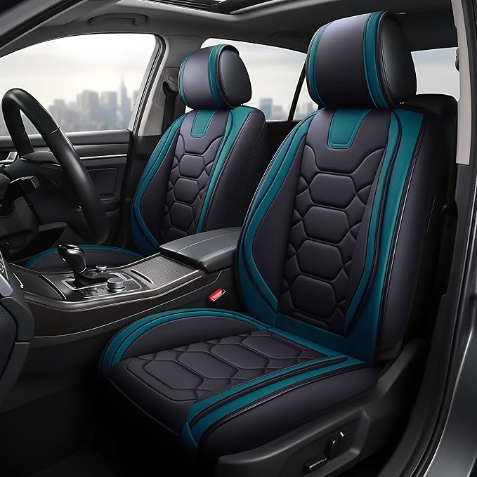 OASIS AUTO Car Seat Covers Front Seats, Sporty Honeycomb Waterproof Faux Leather Protectors, Universal Fit for SUV, Sedan, Truck Interior Accessories (OS-004 Black&Teal)