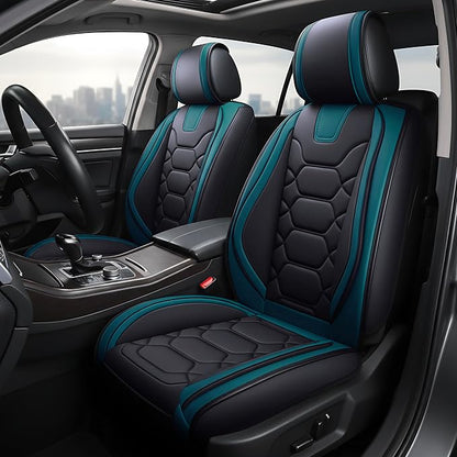 OASIS AUTO Car Seat Covers Front Seats, Sporty Honeycomb Waterproof Faux Leather Protectors, Universal Fit for SUV, Sedan, Truck Interior Accessories (OS-004 Black&Teal)