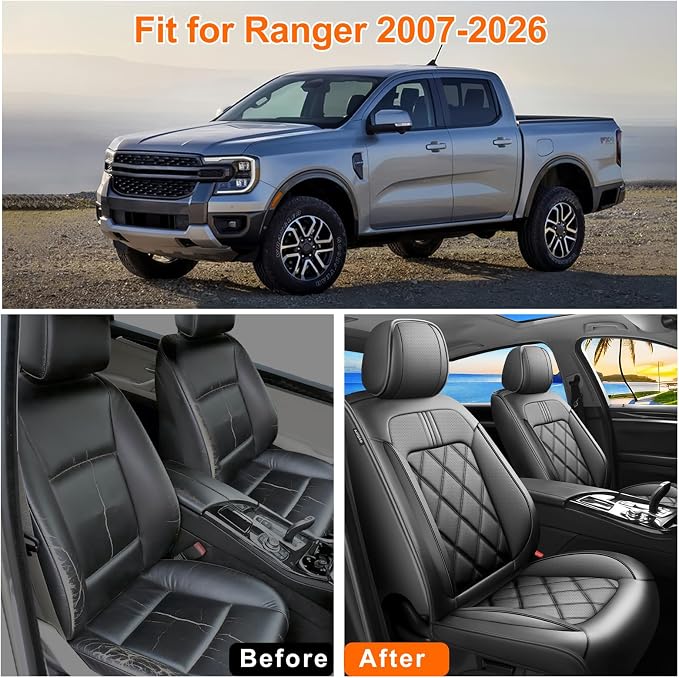 Ranger Car Seat Covers Custom Fit for Ford Ranger 2019-2025 2026, Full Coverage Leather Waterproof Breathable Seat Covers Full Set, Automotive Seat Protectors, Airbag Compatible(5 Seats, Black)