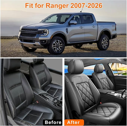 Ranger Car Seat Covers Custom Fit for Ford Ranger 2019-2025 2026, Full Coverage Leather Waterproof Breathable Seat Covers Full Set, Automotive Seat Protectors, Airbag Compatible(5 Seats, Black)