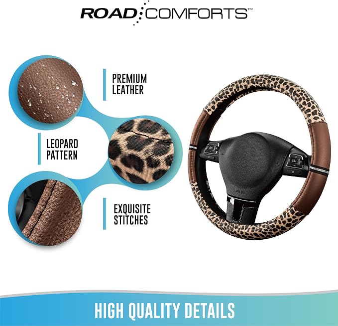Road Comforts Leopard Steering Wheel Cover for Women, Cute Anti-Slip Microfiber Leather, Universal Fit 14.5-15 Inch Round Steering Wheel - Brown