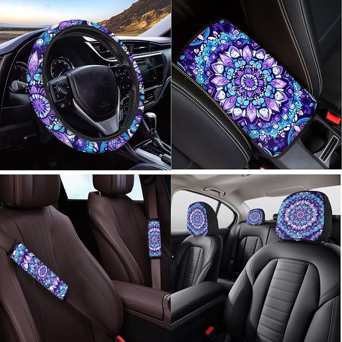 14 Pcs Purple Mandala Car Seat Covers with Steering Wheel Cover,Seat Belt Covers Cup Holder with Keychain,Novelty Purple Floral Automotive Protector Set Universal Fit Cars SUV Truckss