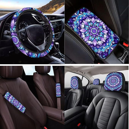 14 Pcs Purple Mandala Car Seat Covers with Steering Wheel Cover,Seat Belt Covers Cup Holder with Keychain,Novelty Purple Floral Automotive Protector Set Universal Fit Cars SUV Truckss