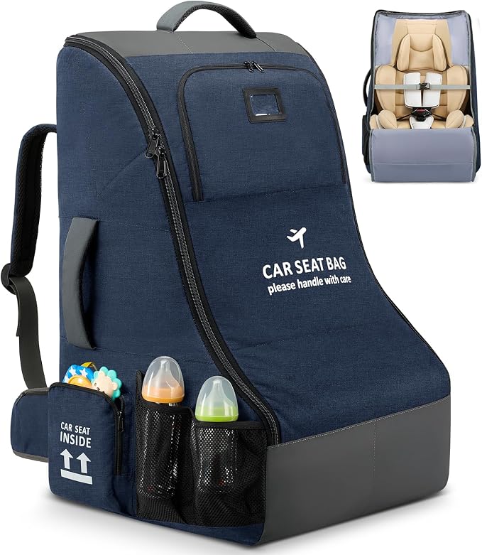 RAINSMORE Car Seat Travel Bag for Airplane Padded Carseat Backpack Heavy-duty Car Seat Cover for Air Travel Infant Car Seat Carrier Bag with Shoulder & Waist Strap, Fits Most Car Seat & Booster Seats