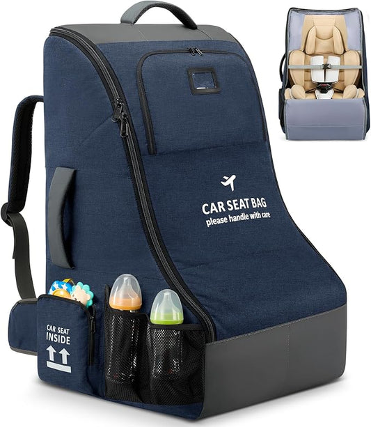 RAINSMORE Car Seat Travel Bag for Airplane Padded Carseat Backpack Heavy-duty Car Seat Cover for Air Travel Infant Car Seat Carrier Bag with Shoulder & Waist Strap, Fits Most Car Seat & Booster Seats