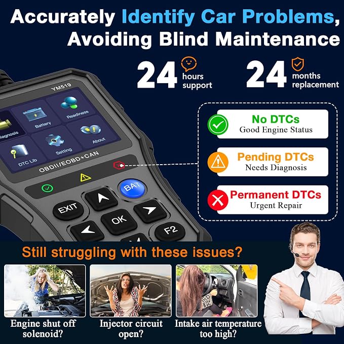 AMTIFO OBD2 Scanner with Battery Tester - Check Engine Light & Emissions Readiness, Plug & Play, Battery Health, Real-Time Date, Car Code Reader, Support All OBD II Vehicles
