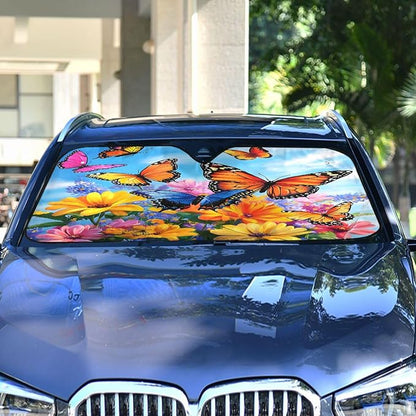 Cars Front Sun Shade Windshield,Foldable Reflective Sun Visor Colorful Flower Butterfly Windshield Sunshade Cover,Blocks UV Ray Sun Protect Interior Keep Cool,57" x 31.5 "Inches