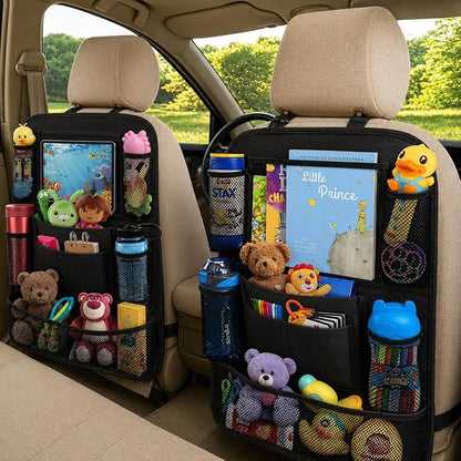 ULEEKA Car Backseat Organizer with 10" Table Holder, 9 Storage Pockets Seat Back Protectors Kick Mats for Kids Toddlers, Travel Accessories, 2 Pack