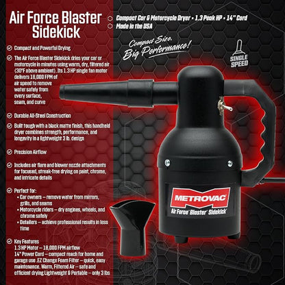 MetroVac Air Force Blaster Sidekick SK-1 Motorcycle & Car Dryer with 14 inches Cord and Matte Finish for Profesional Motorcycle & Car Detailing, Made in the USA