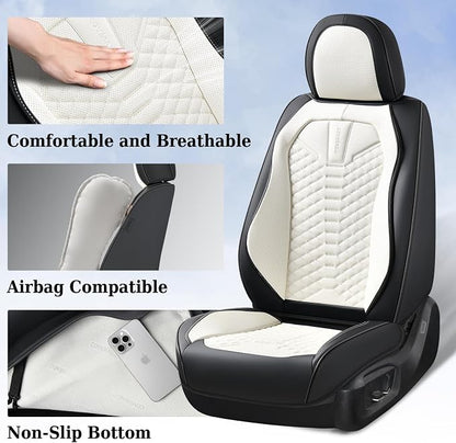 Coverado Leather Seat Covers, Car Seat Covers Full Set, Waterproof Nappa Leather Car Seat Cover, Car Seat Protectors 5 Seats, Black & White Automotive Seat Covers Fit for Most Cars Trucks
