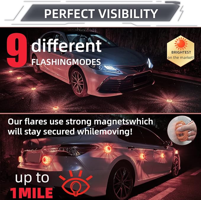 LED Road Flares 6Pack Roadside Emergency car kit Emergency Road Flares Kit with Magnetic Base for Vehicles & Boat | 9 Flash Modes(with Batteries) (12pack rechargeable)