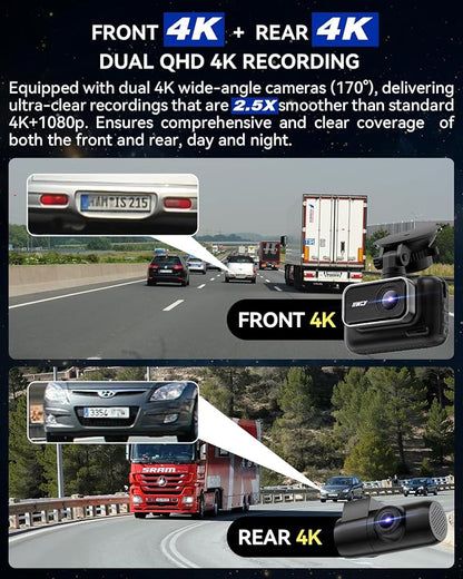 IIWEY 4K+4K Dash Cam Front and Rear, 5G Wi-Fi 64GB SD Card Included, STARVIS Dash Camera for Cars, 3 Inch IPS Screen, Dual Channel HDR Night Vision, 24H Parking Mode, 170° Widude Angle, G-Sensor