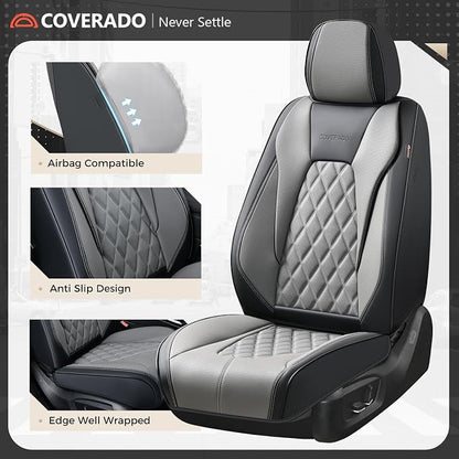 Coverado Seat Covers, Car Seat Cover, Faux Leather Seat Covers for Cars, 2 Pack Waterproof Universal Seat Covers, Carseat Cover Car Seat Protector Car Seat Cushion Fit for Most Car- Black&Gray