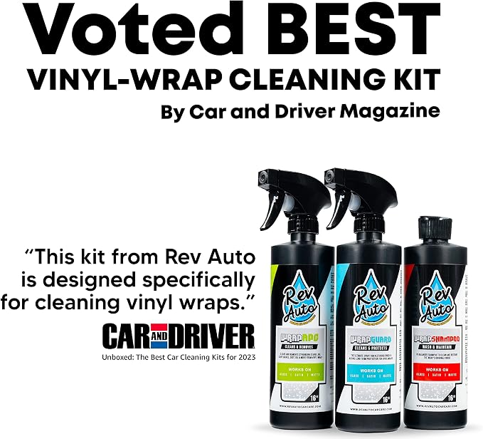 Rev Auto Vinyl Wrap Cleaner Kit – 3-Item Set Includes Wrap Detailer, Shampoo & Light Stain Remover | Made for Gloss, Satin, Matte, Chrome & More