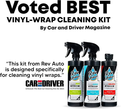 Rev Auto Vinyl Wrap Cleaner Kit – 3-Item Set Includes Wrap Detailer, Shampoo & Light Stain Remover | Made for Gloss, Satin, Matte, Chrome & More