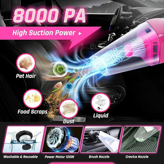 38PCS Car Detailing Kit Interior Cleaner with High Power Handheld Vacuum, Car Wash kit with Detailing Brush Set,Car Interior Detailing Kit,,Pink Car Accessories for Motorcycle,Cars,Gift for Women