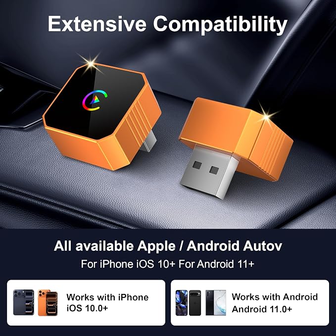 2026 Wireless CarPlay Adapter for iPhone & Android Wired to Wireless CarPlay & Android Auto Plug and Play Fast Auto Reconnect Stable Control Compatible for iOS 10+ & Android11+
