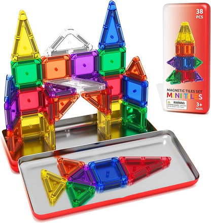 ORZbb Travel Mini Magnetic Tiles with Case Toddler Road Trip Essentials Set, Magnetic Blocks Building Toys for 3+ Year Old Boys Girls Preschool Montessori Sensory Learning Birthday Gifts