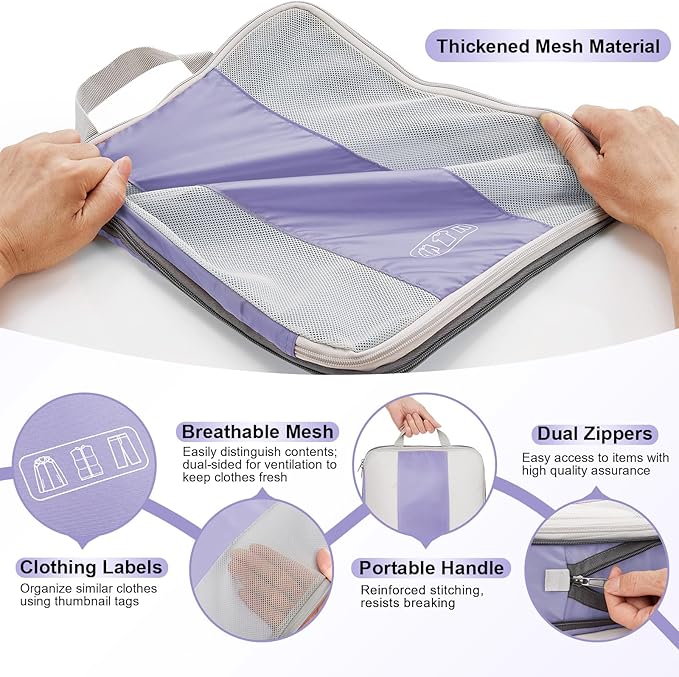 OlarHike 10-Pack Compression Packing Cubes for Travel Essentials,Compressible Expandable Packing Cubes for Suitcase,Luggage Garment Bags for Travel,Handy Helper for Organizing Clothes(Purple Gray)