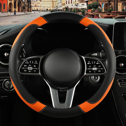 Leather Steering Wheel Cover, Breathable, Anti Slip & Odor Free, Black and Orange