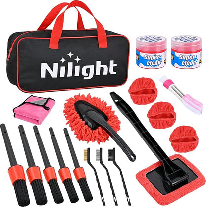 Nilight 15PCS Car Detailing Kit Auto Cleaning Tools Wash Set with Storage Carry Bag Beginners Easy to Use for Interior Exterior Car Care Clean Windshield Dashboard Seat Air Vents Wheels Tires, Red
