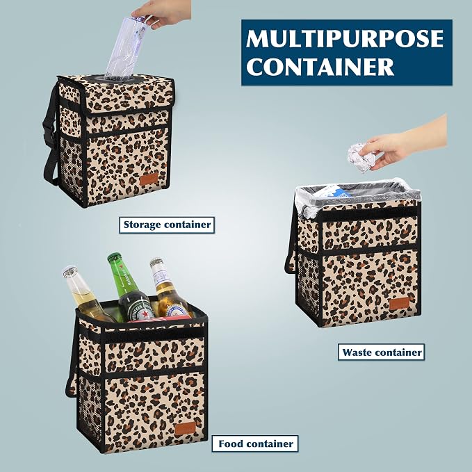 Car Trash Can with Lid Leak Proof Garbage Waterproof Bag for SUV Front Seat Multipurpose Hanging Headrest Collapsible and Portable Storage Mesh Pocket, Leopard Print