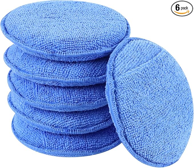 Hovom 6PCS Microfiber Wax Applicator, 5" Round Applicator Pads, Soft Automotive Waxing Foam Pads, Buffing Pads for Car Cleaning, Polishing and Detailing, Reusable Car Wash Sponge (Blue)