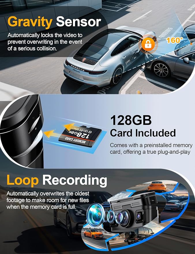 360° View 4K 4 Channel Dash Cam Front and Rear Inside Left Right, Built-in GPS, 5.8GHz WiFi, Car Dash Camera for Cars with App Connect, Support Parking Mode, G-Sensor, Free 128GB Card