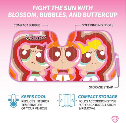 The Powerpuff Girls Car Windshield Sun Shade, Officially Licensed Accordion Style Sunshade for Car Window, Cute Cartoon Car Sun Shade Windshield for Front Window