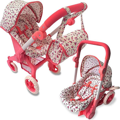 Baby Doll Car Seat Stroller Combo – Convertible 2 in 1 Doll Stroller and Car Seat for Kids – Fits Up to 20” Dolls – Play Toy Baby Stroller with Adjustable Handle for Girls Toddlers All Ages (Floral)