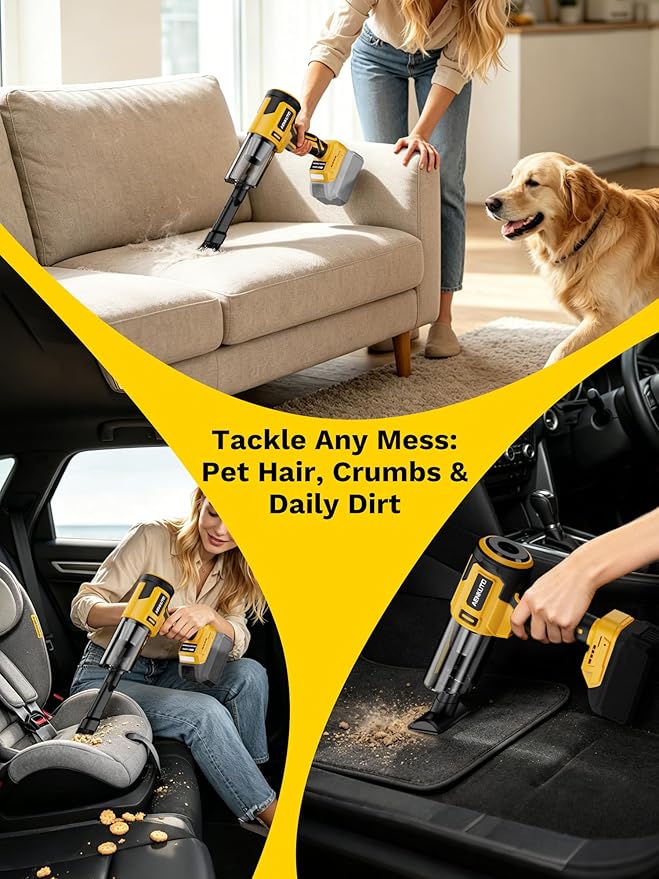 Cordless Car Vacuum Cleaner Compatible with Dewalt 20V MAX Batteries, Portable Handheld Vacuum for Pet Hair & Sand, Capable of Quick Vehicle Interior & Garage Cleanup, (Battery Not Included)