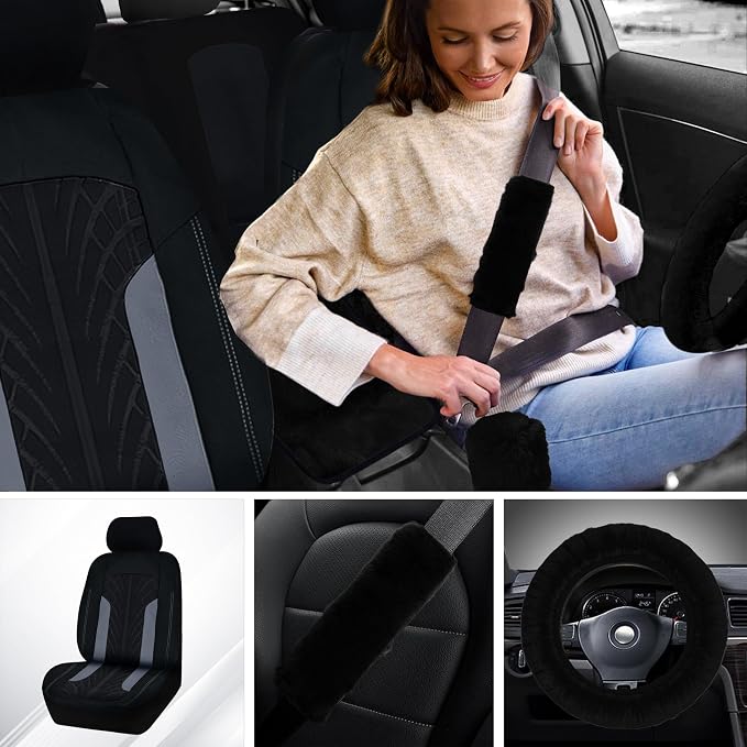 Car Seat Cover Full Set for Women with Floor Mats,3D Air Mesh Car Seat Cover with 5mm Composite Sponge Inside,Universal Fluffy Steering Wheel Cover, Accessories Full (Blake)