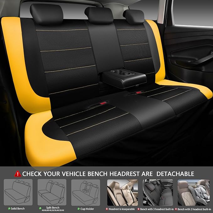 CAR PASS Leather Seat Covers, Breathable Universal Car Seat Cover Full Set for Cute Women Girly,5mm Composite Sponge Inside,Airbag Compatible Fits Most Auto,SUVs,Trucks,Vans(Full Set,Black&Yellow)