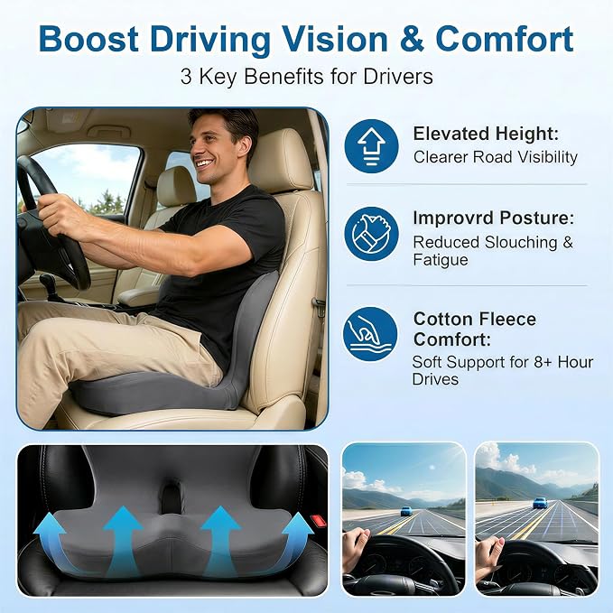 Car Seat Cushion with Back Support for Driving, Ergonomic Support Relief Pad for Auto/Truck/Office, Hollow Ventilation, Anti-Slip Driver Seat Cushion, Washable Cover, 18.1"x17"(Grey)