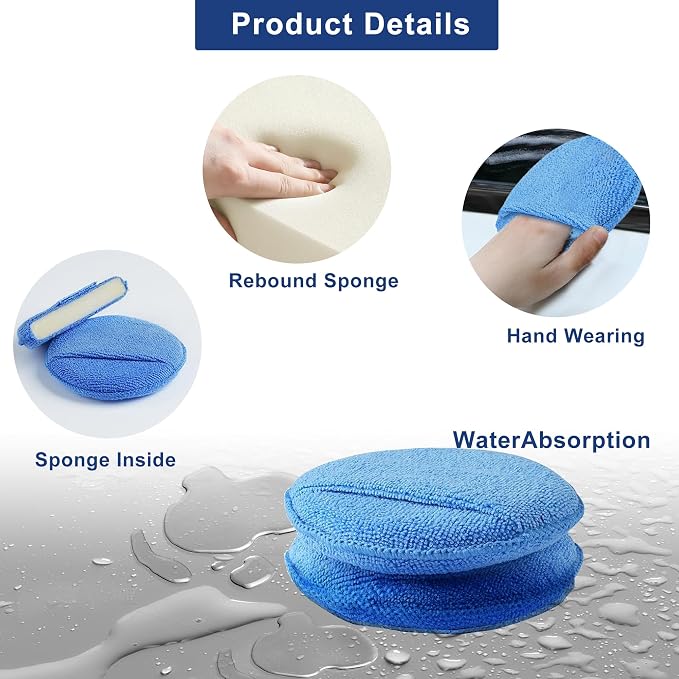 Auto Care Microfiber Wax Applicator Pads with Finger Pocket, Blue, Ultra-Soft 70/30 Blend, 5 Inch Diameter, 6 Pack, for Cars, Trucks, Motorcycles