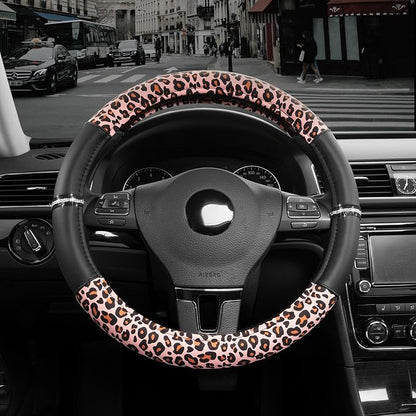 Road Comforts Leopard Steering Wheel Cover for Women, Cute Anti-Slip Microfiber Leather, Fits 14.5-15 Inch Steering Wheel 14.5-15 Inch - Black and Pink Cheetah
