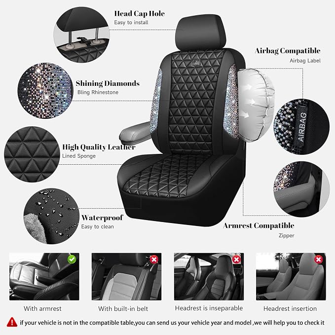 CAR PASS Bling Diamond Leather Car Seat Covers for 2 Front Interior Sets, Waterproof Shining Glitter Sparkly Crystal Universal Armrest Automotive Truck SUV Cute Women Girl, Black Multicolor Rhinestone
