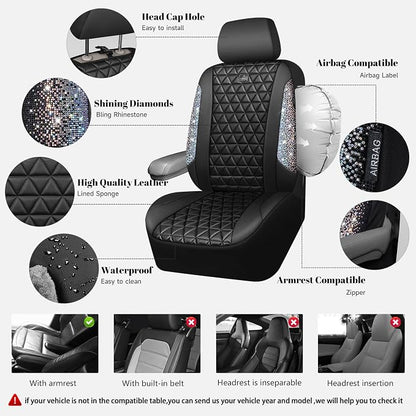 CAR PASS Bling Diamond Leather Car Seat Covers for 2 Front Interior Sets, Waterproof Shining Glitter Sparkly Crystal Universal Armrest Automotive Truck SUV Cute Women Girl, Black Multicolor Rhinestone